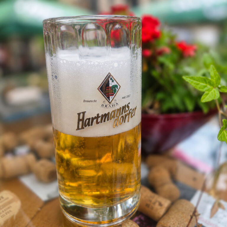Frisch gezapftes Hartmannsdorfer Bier mit feinporiger Schaumkrone, serviert in gemütlicher Biergarten-Atmosphäre.